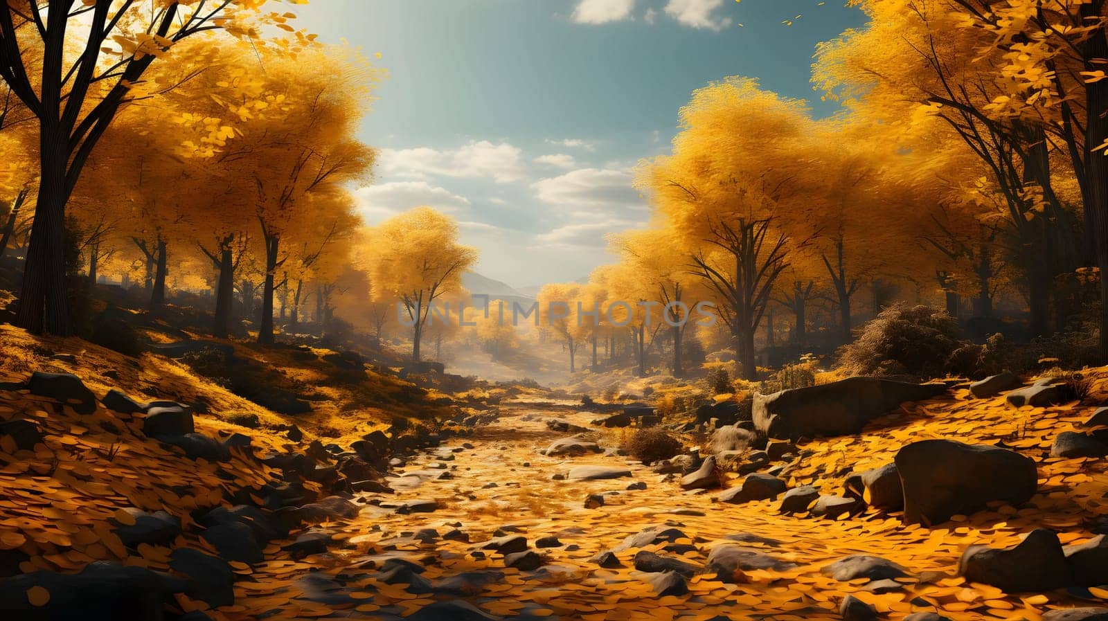 A serene forest scene with golden autumn leaves covering the ground and a winding river flowing through the middle.