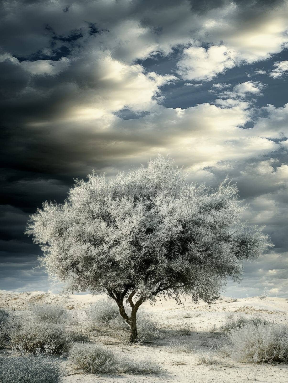 Lone tree with silvery foliage stands out against a dramatic stormy sky in a barren desert landscape, creating an ethereal and moody atmosphere.