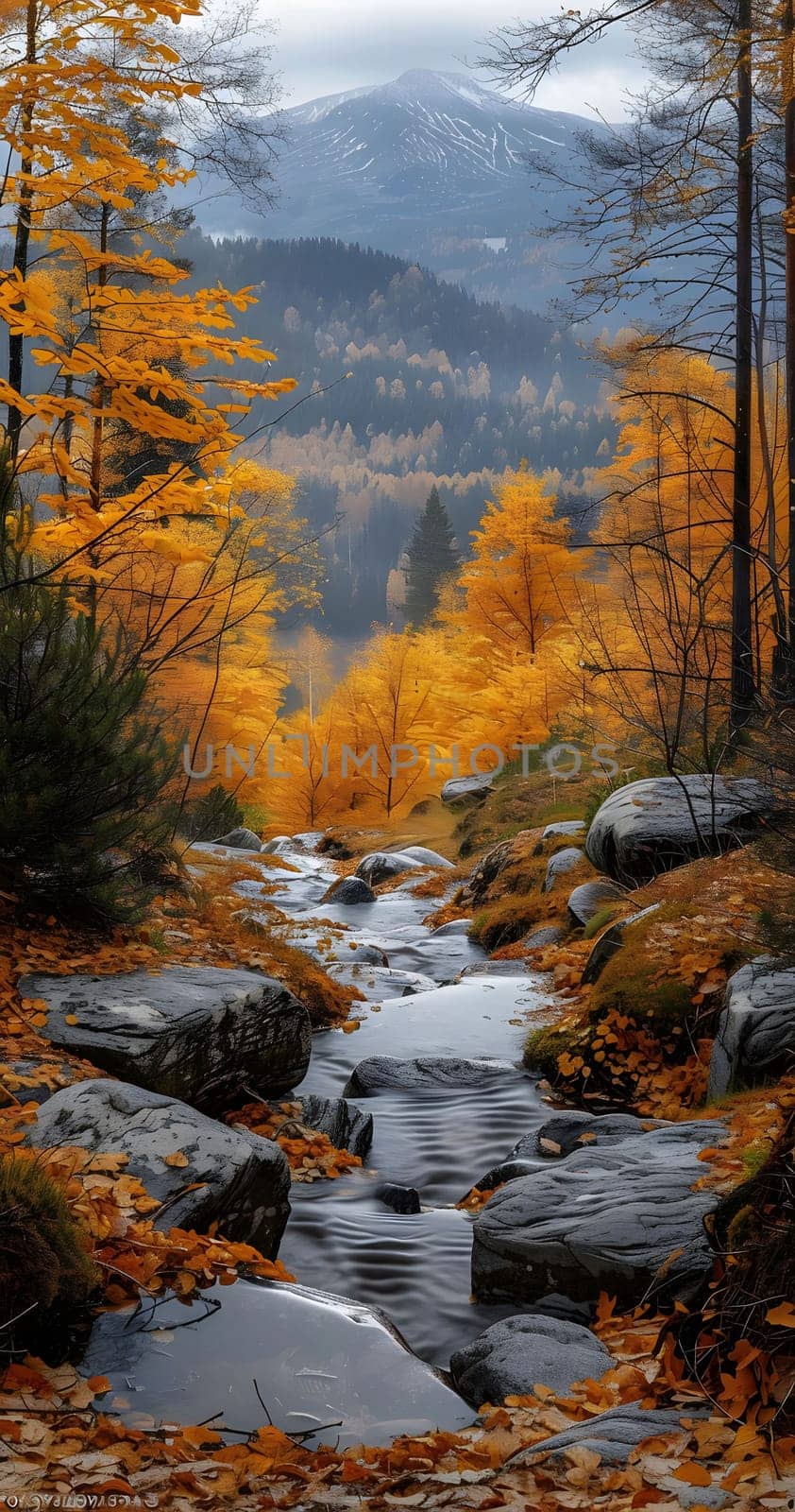 A peaceful stream flows through a colorful autumn forest, surrounded by vibrant yellow leaves and towering mountains in the distance.