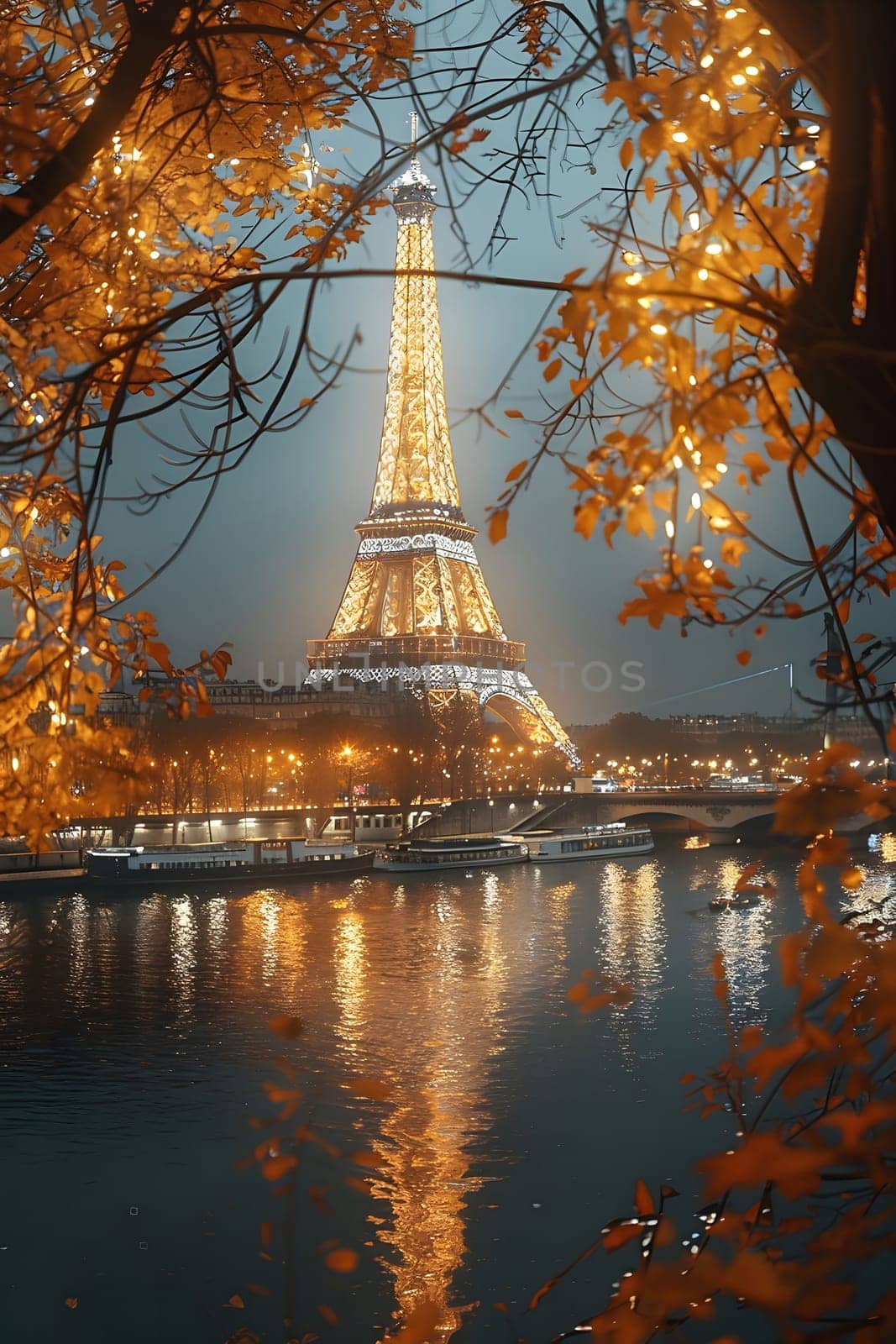 The Eiffel Tower in Paris, France, reflected in the River Seine during autumn. The golden leaves and lights create a beautiful and romantic atmosphere.