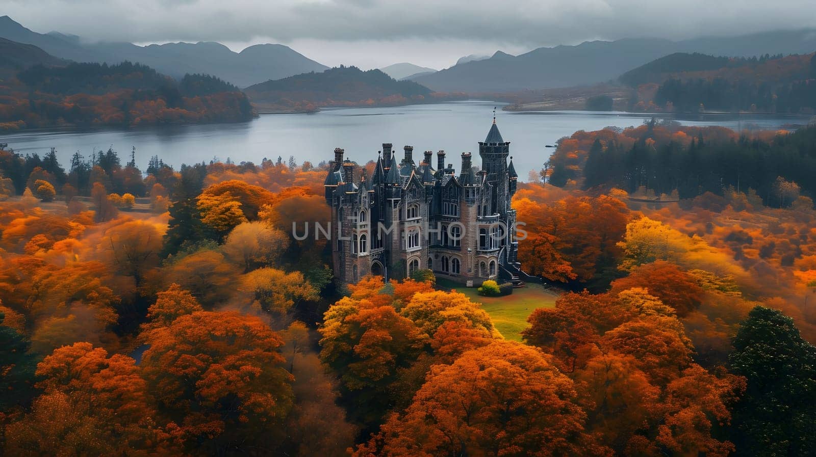 Aerial view of a castle surrounded by fall foliage, with a lake and mountains in the distance