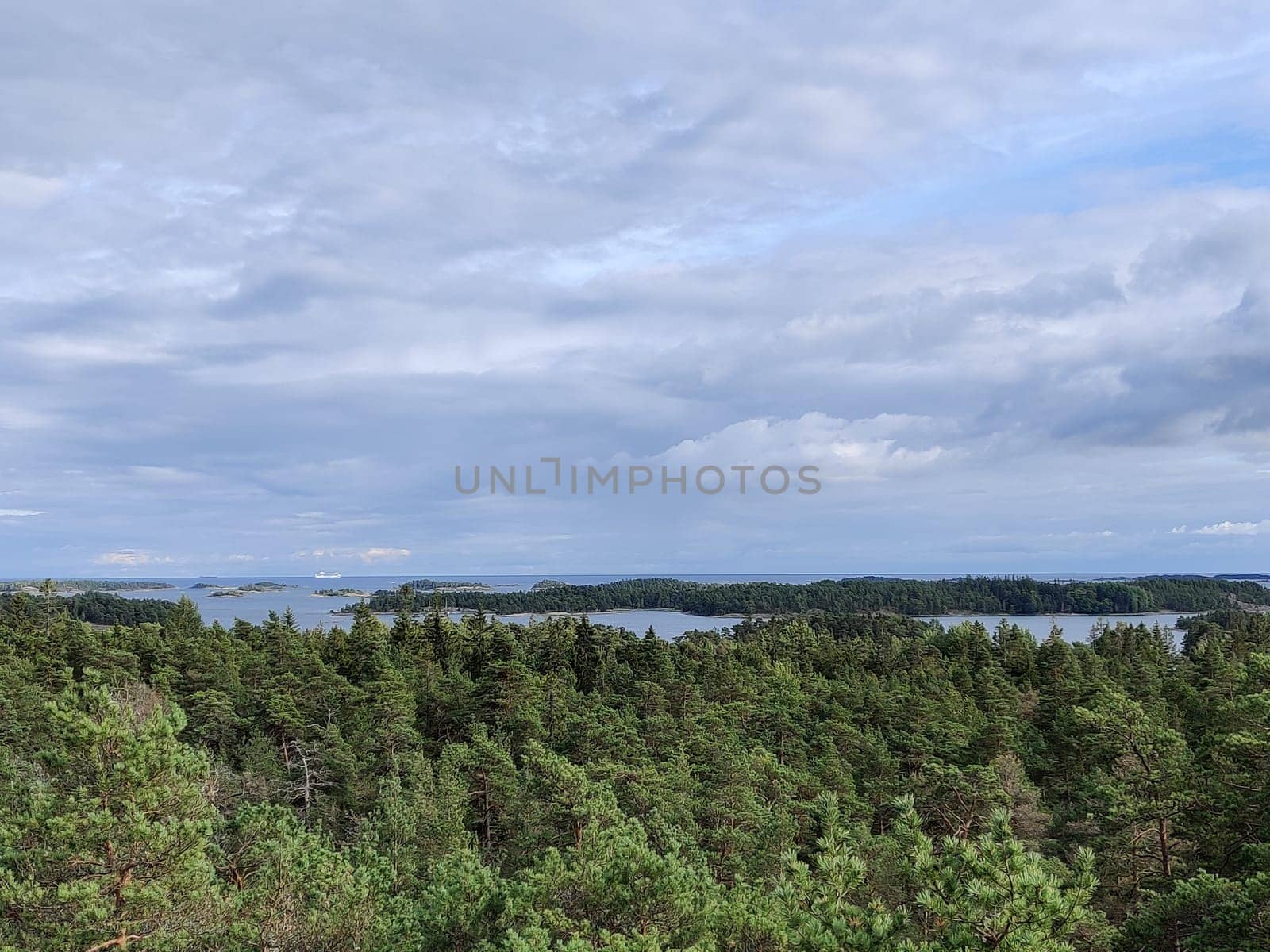 Panorama of the Gulf of Finland and the Islands. Northern nature. Finnish nature, Baltic Sea, trees view from the height