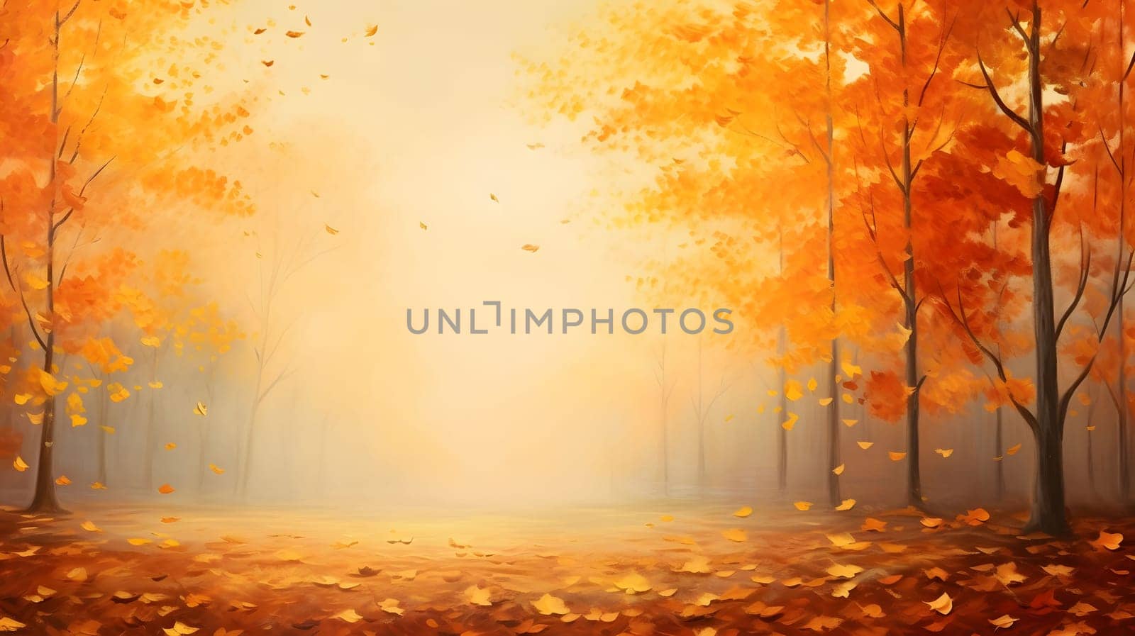 A digital painting of a forest in the autumn season, the trees are in their vibrant colors with leaves falling, in the foreground, you can see the ground covered with fallen leaves, creating a beautiful carpet of reds, oranges, and yellows. The soft light of the sun shines through the trees, creating a warm and inviting atmosphere. The forest feels peaceful and tranquil, inviting you to come and explore its beauty.