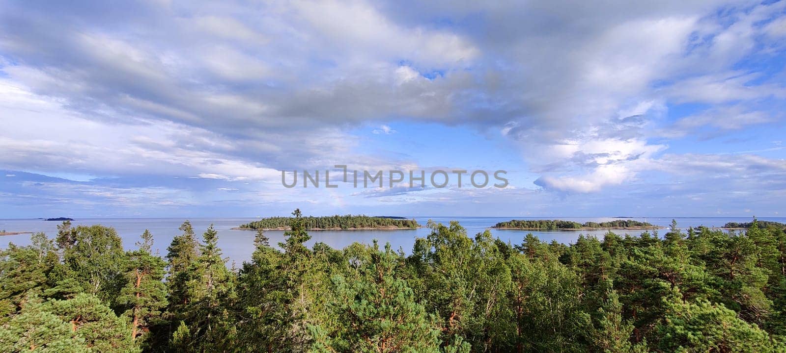 Panorama of the Gulf of Finland and the Islands. Northern nature. Finnish nature, Baltic Sea, trees view from the height