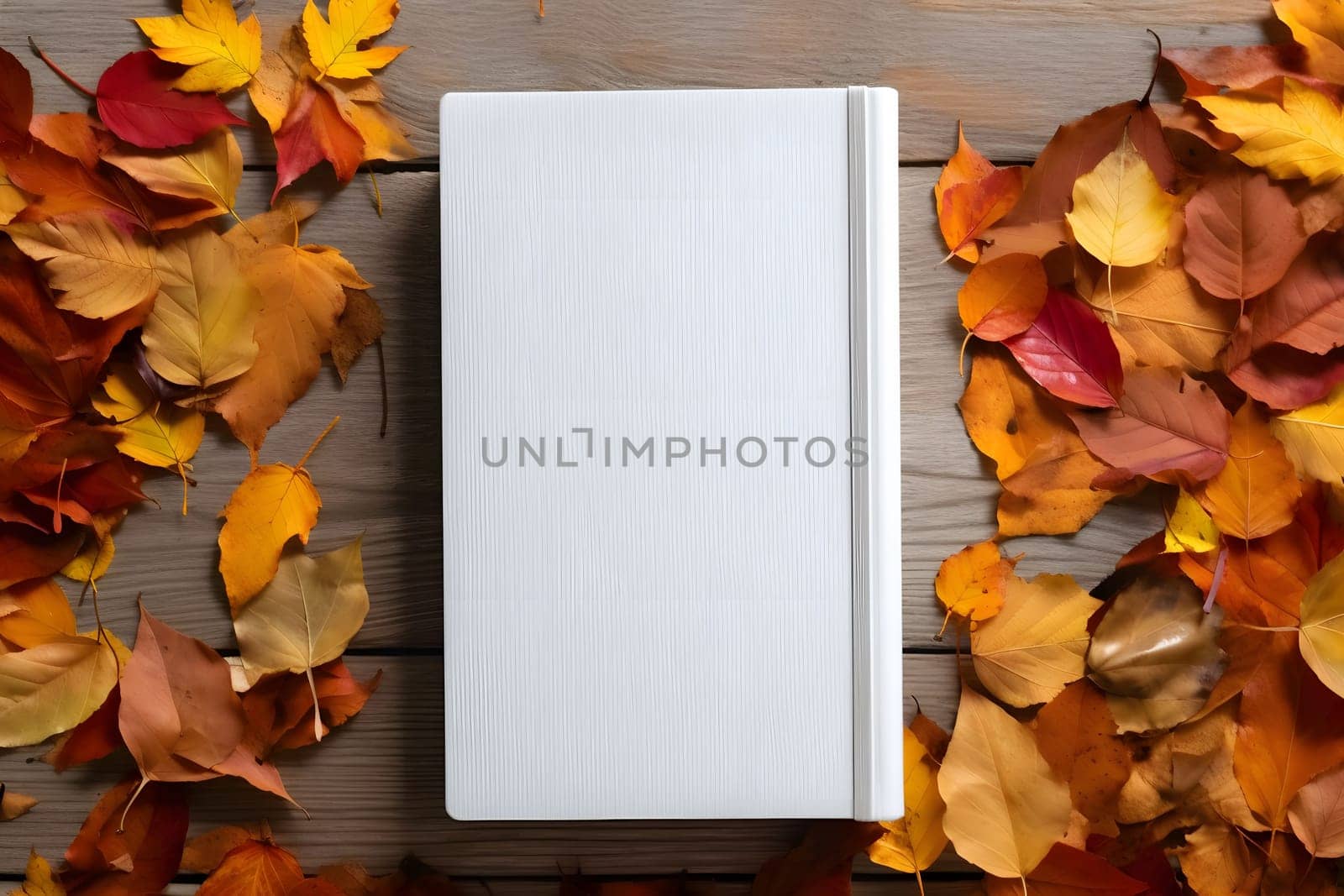 A blank notebook lying flat on a wooden surface, surrounded by colorful autumn leaves. The composition creates a simple, yet beautiful, still life with a warm and cozy atmosphere.