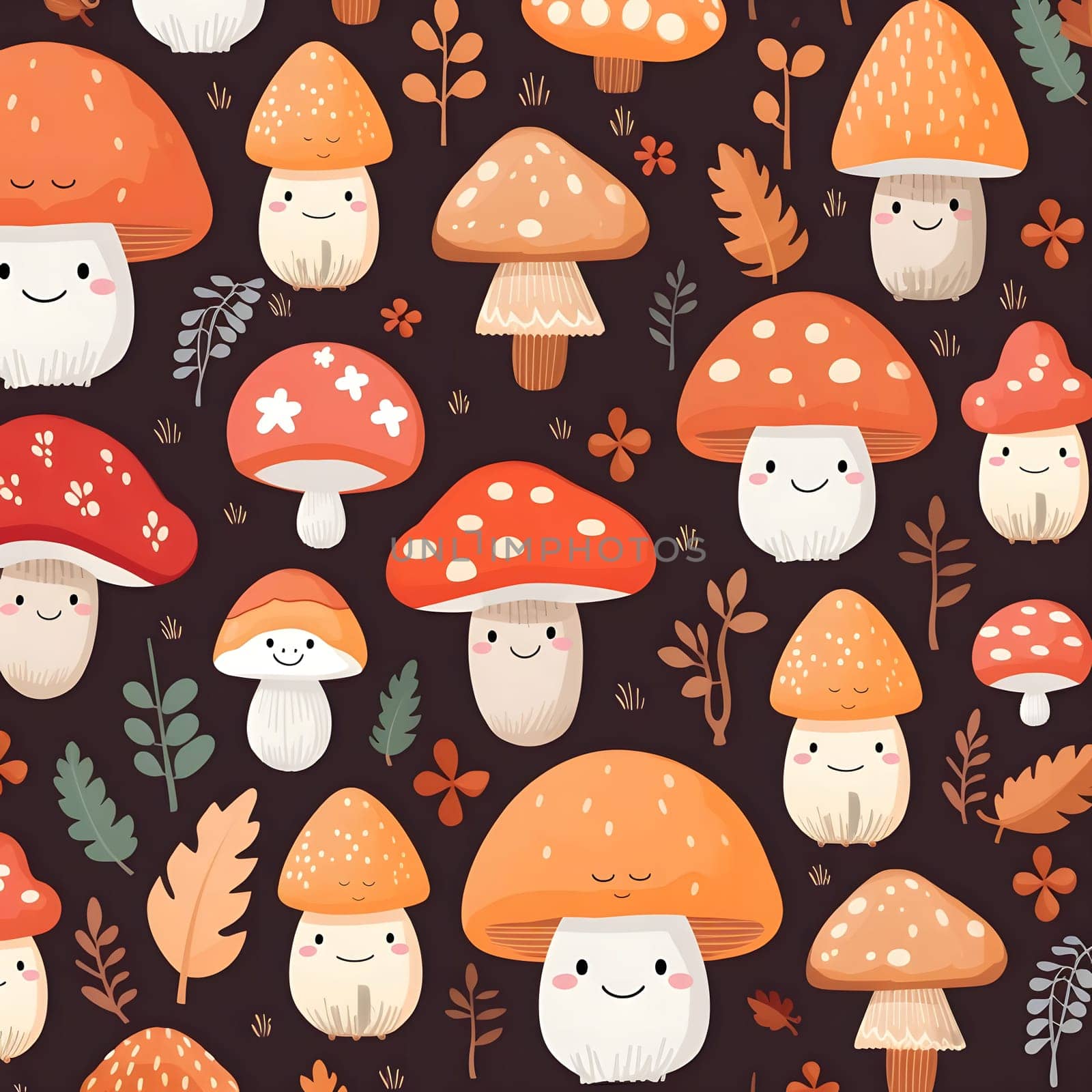 A seamless pattern featuring cute cartoon mushrooms with happy faces on a dark background. The design is perfect for adding a touch of whimsy to any project.