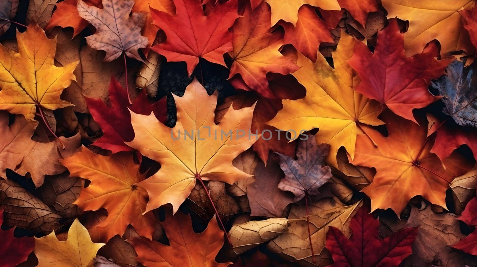 A close-up photo showcasing a vibrant collection of autumn leaves in various shades of red, orange, yellow, and brown. The leaves are arranged in a natural, random pattern, creating a beautiful and textural autumnal display.