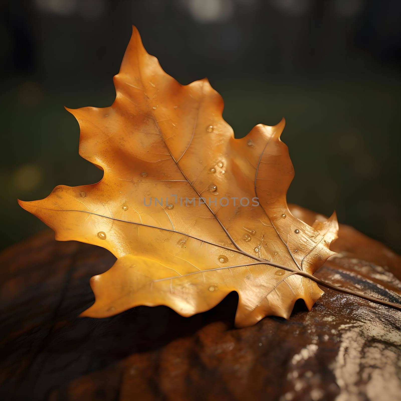 A single golden leaf with dew drops on a wood surface. The leaf is in focus, and the background is blurred.