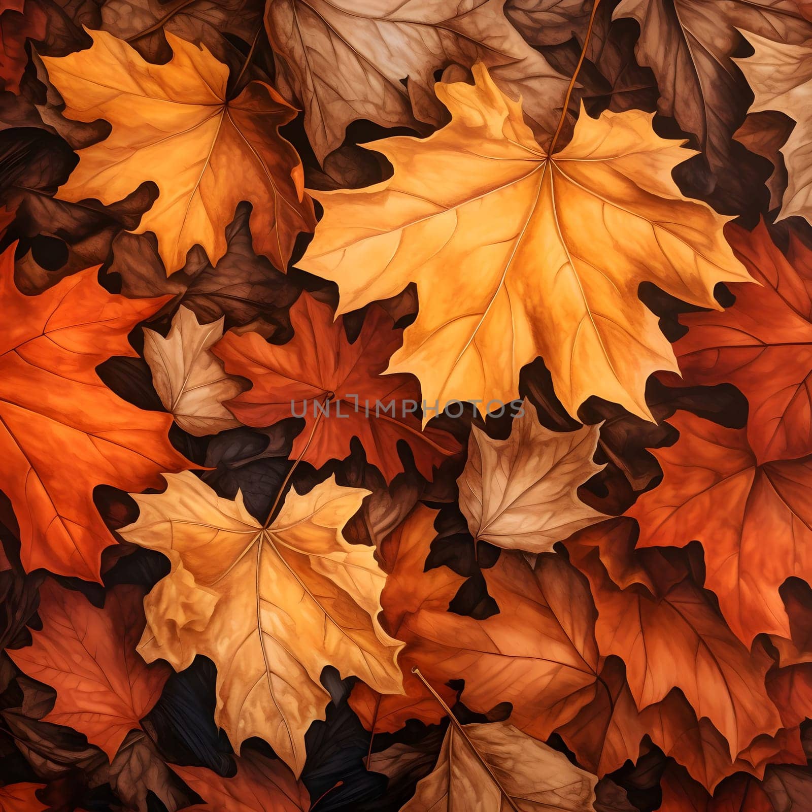 Close-up of colorful autumn leaves, showcasing vibrant hues and intricate patterns.