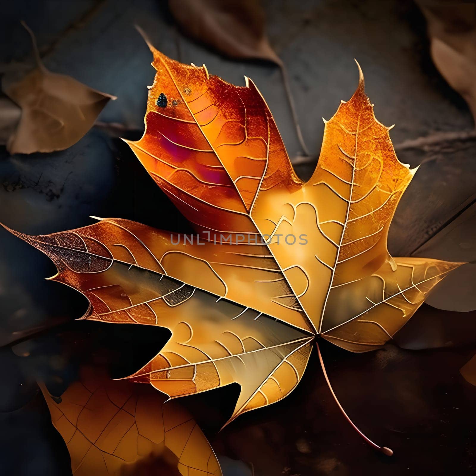 A close-up shot of a single golden maple leaf with intricate veins and textures. The leaf is illuminated by natural light, casting soft shadows on its surface.