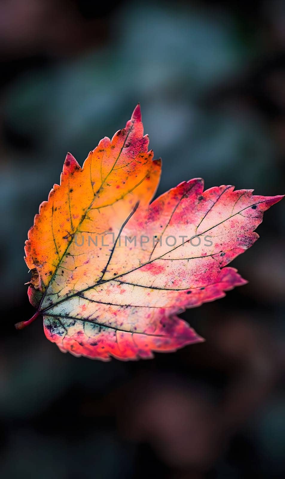 A single autumn leaf with vibrant red, orange, and yellow colors, captured in a close-up macro shot highlighting its intricate details and texture.