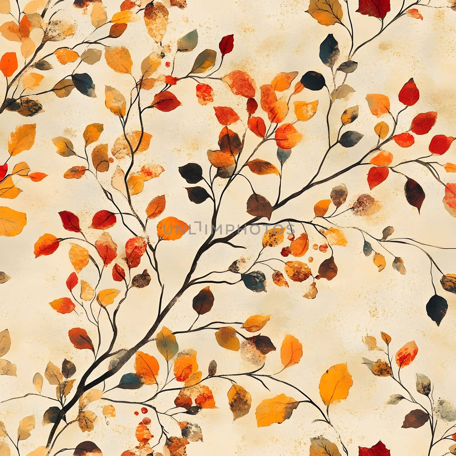 Watercolor painting of autumn leaves on a branch in a cream background.