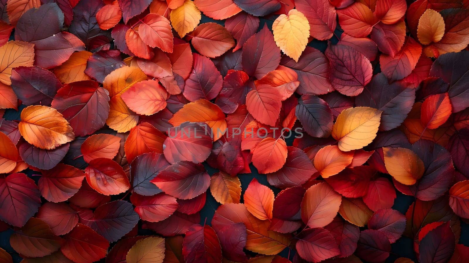 A close-up shot of red, orange and yellow autumn leaves, creating a vibrant and colorful background.