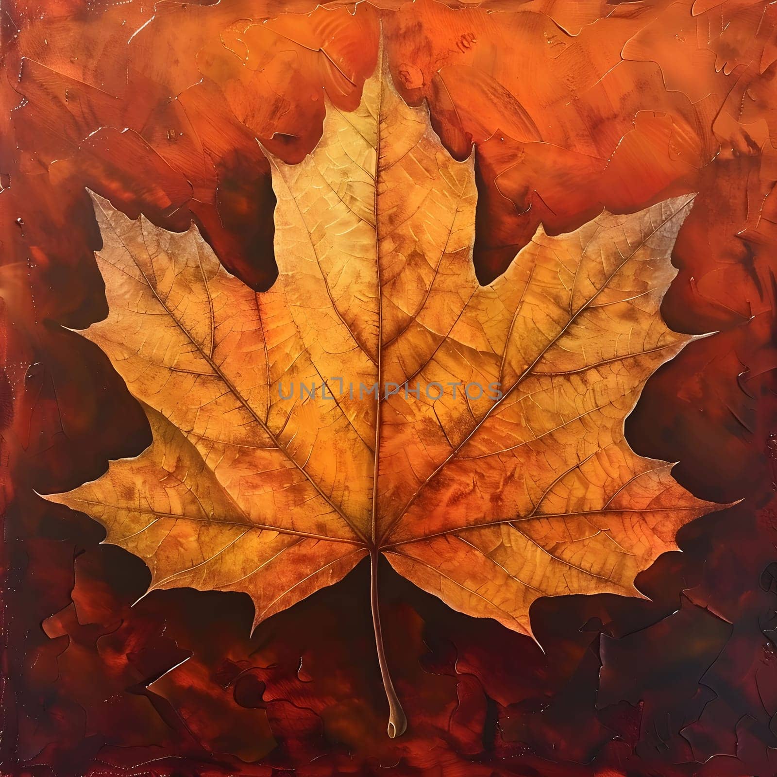 A single maple leaf in autumn, with vibrant colors and detailed textures.