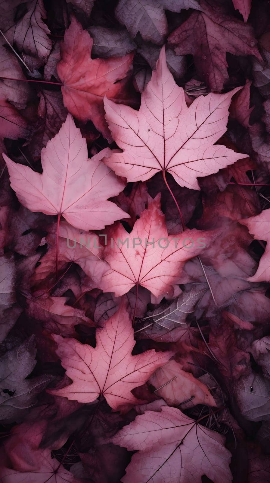 A close-up shot of fallen maple leaves showcasing their rich red and purple hues, highlighting the intricate details of their veins and textures.