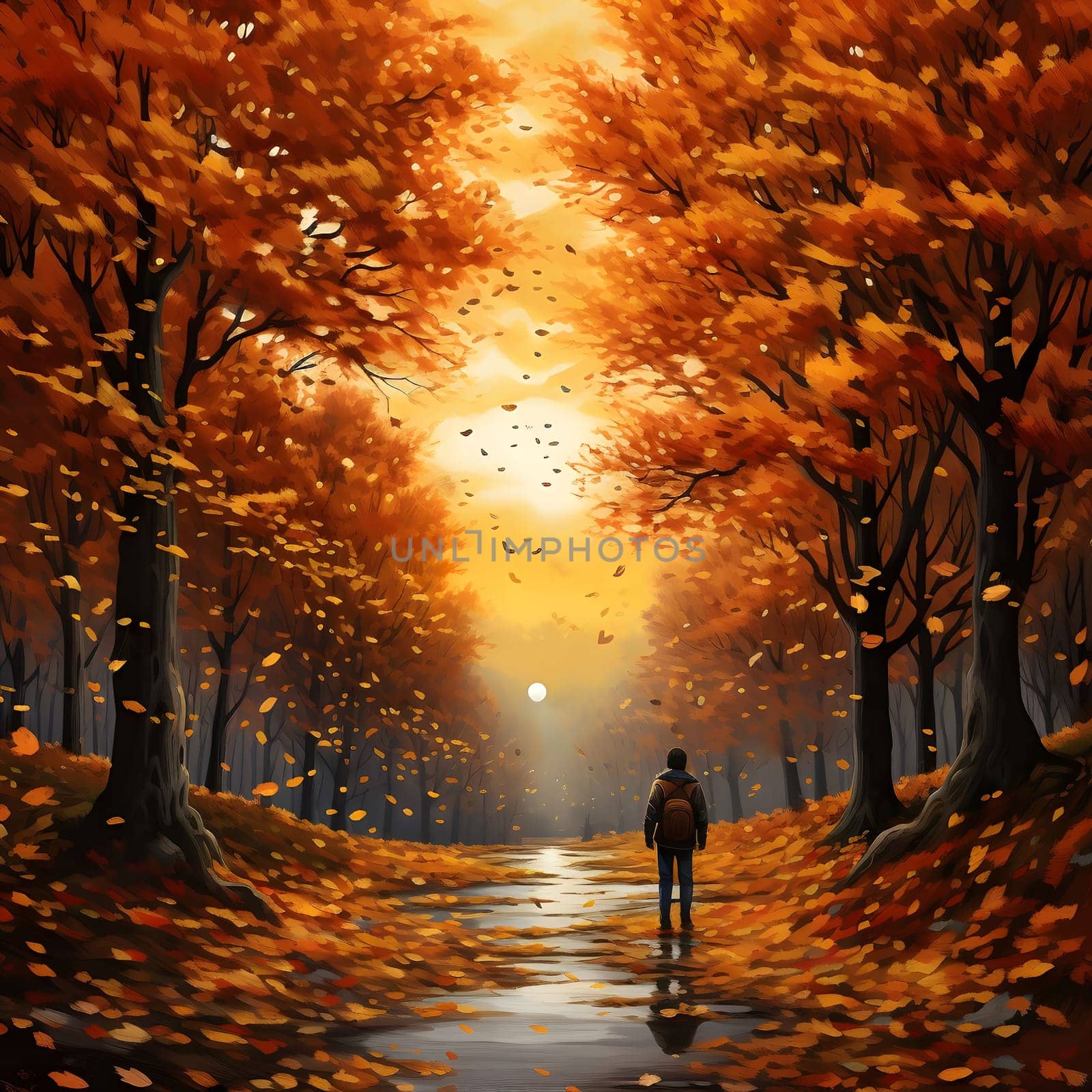 A solitary figure walks along a path in an autumnal forest. The trees are ablaze with color, and the sunlight filters through the leaves, casting a golden glow on the scene.