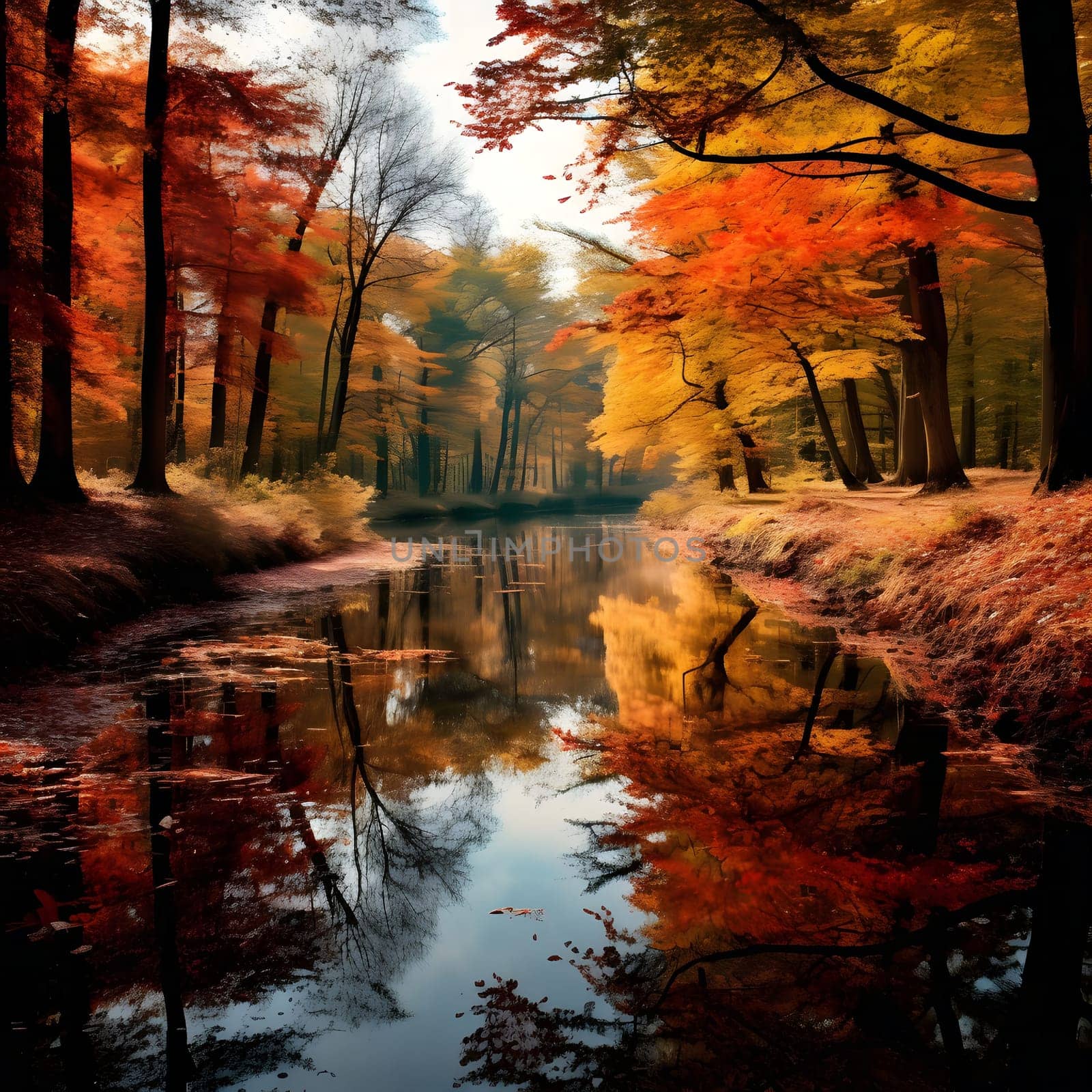 A tranquil forest scene during autumn with vibrant colors reflected in a still creek.
