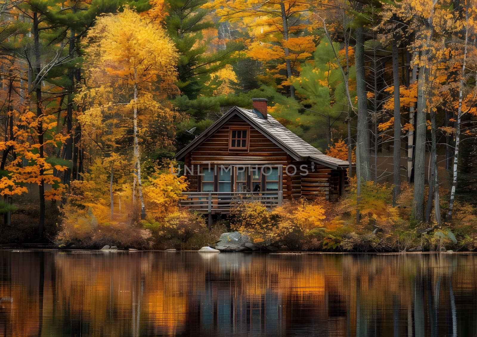 A charming cabin nestled in a lush forest by a tranquil lake, bathed in the warm hues of autumn.