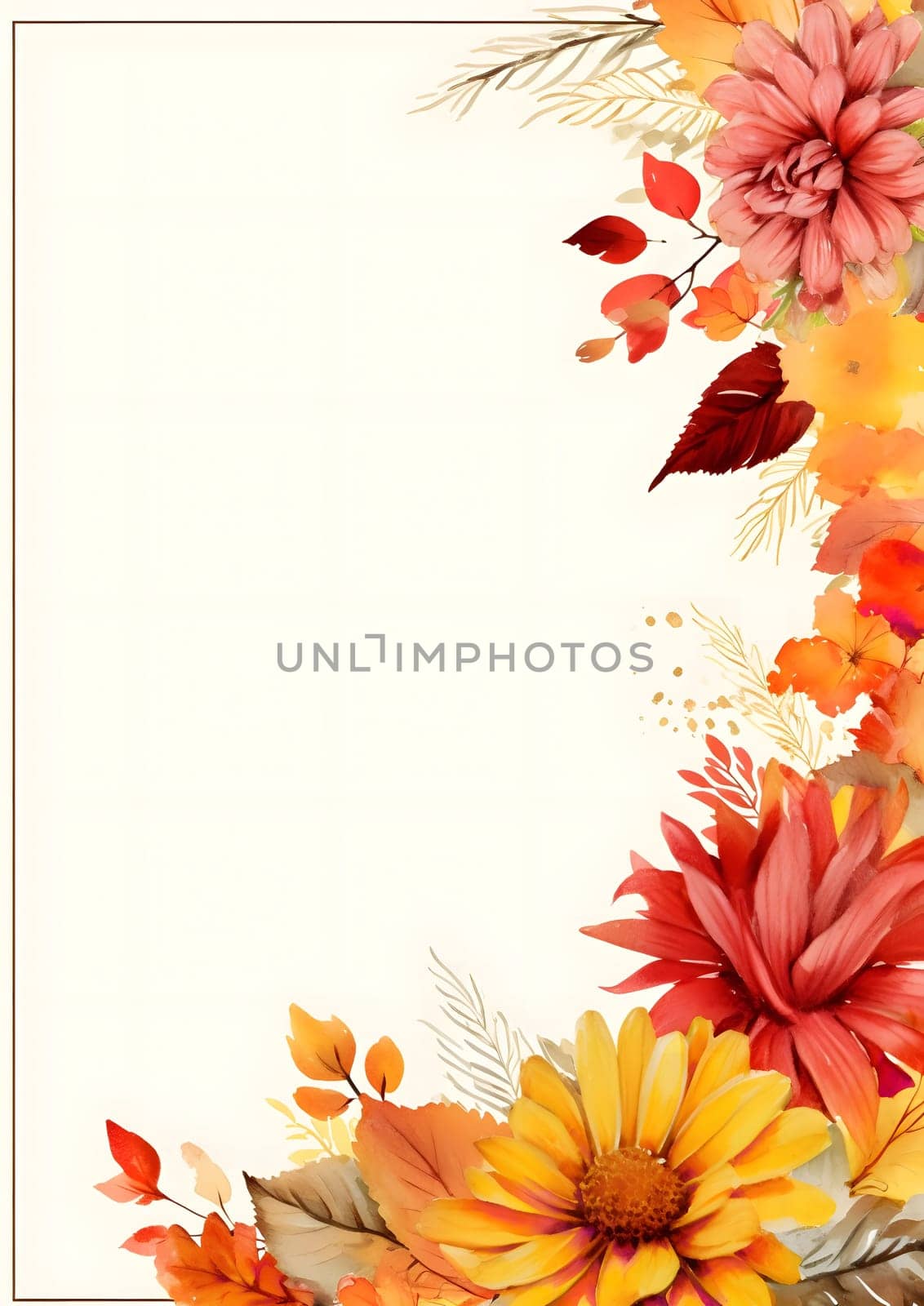 Watercolor painting of autumn flowers and leaves, perfect for a decorative border, background, or frame.