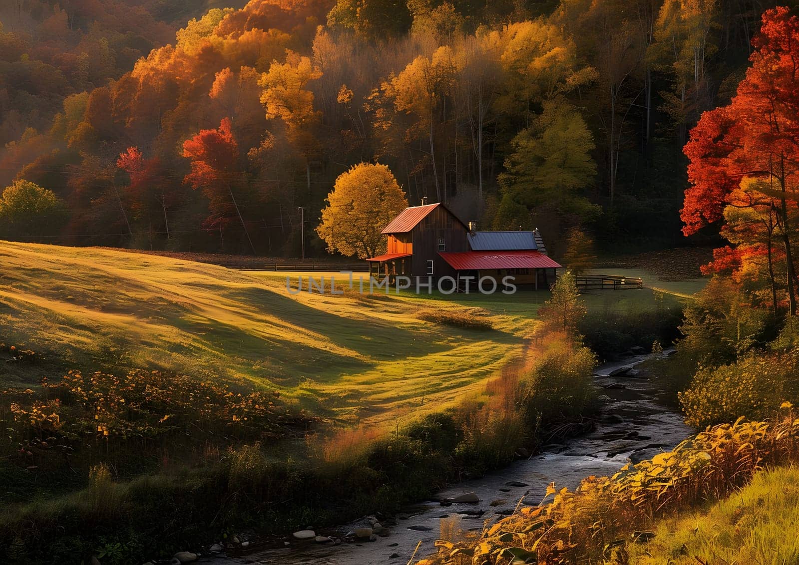 A picturesque scene of a rustic farmhouse nestled amidst a vibrant autumnal forest, with a babbling creek winding its way through the golden fields.
