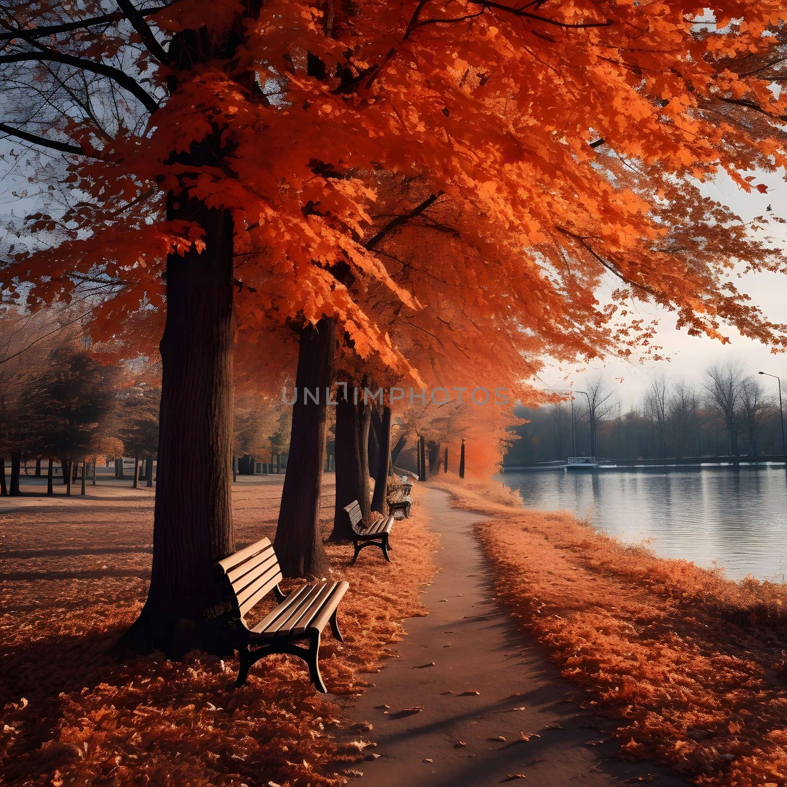 A picturesque autumnal scene featuring a path lined with vibrant trees with golden leaves, leading towards a calm lake. The warm light creates a serene and peaceful atmosphere