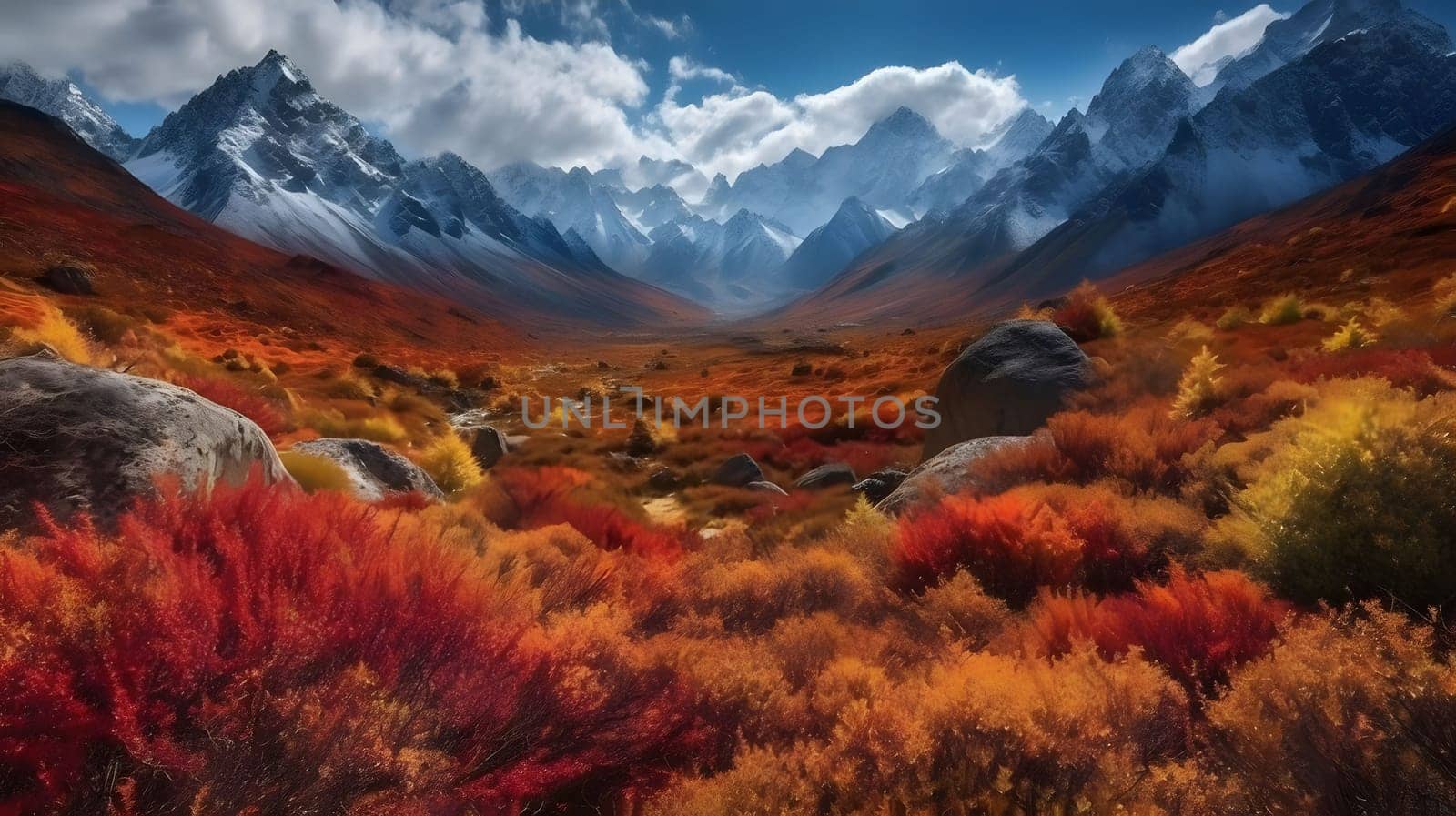 A breathtaking view of a mountain range during autumn with vibrant red, orange, and yellow foliage covering the valley floor. The snow-capped peaks stand tall against a clear blue sky with fluffy white clouds.