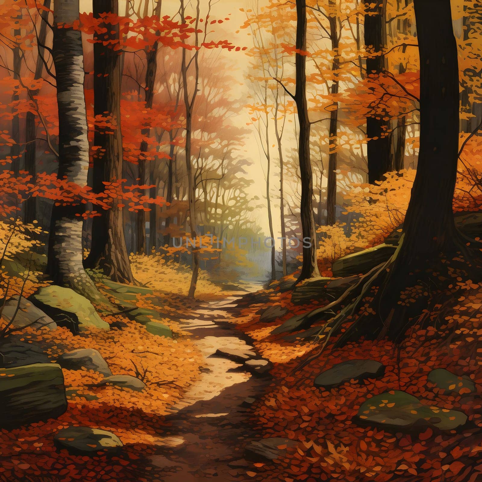 A picturesque path winds through a forest bathed in the warm hues of autumn. Golden leaves blanket the ground, while towering trees stand tall, their branches adorned with vibrant foliage.