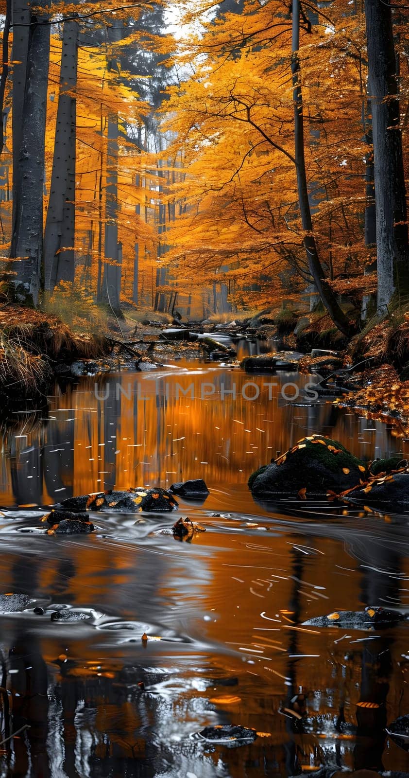 A tranquil stream flows through a vibrant autumn forest. The golden leaves of the trees are reflected in the still water, creating a stunning and serene scene.