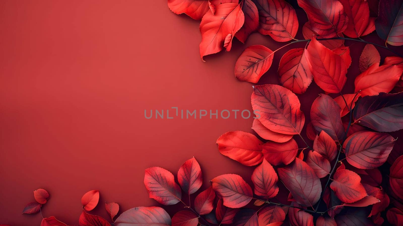 A flatlay featuring autumn leaves on a red background. The leaves are vibrant in color and create a sense of autumnal warmth. The red background provides a simple and elegant backdrop for the beautiful fall foliage.