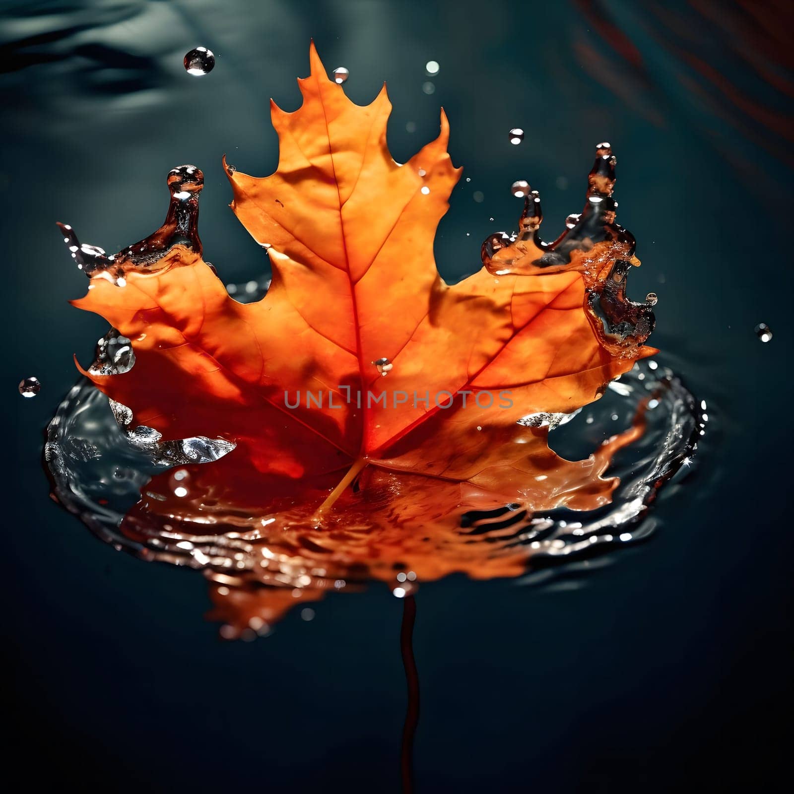 An autumn leaf creates a stunning splash of water as it falls into a pool. The vibrant colors and ripples in the water create a beautiful, natural design.