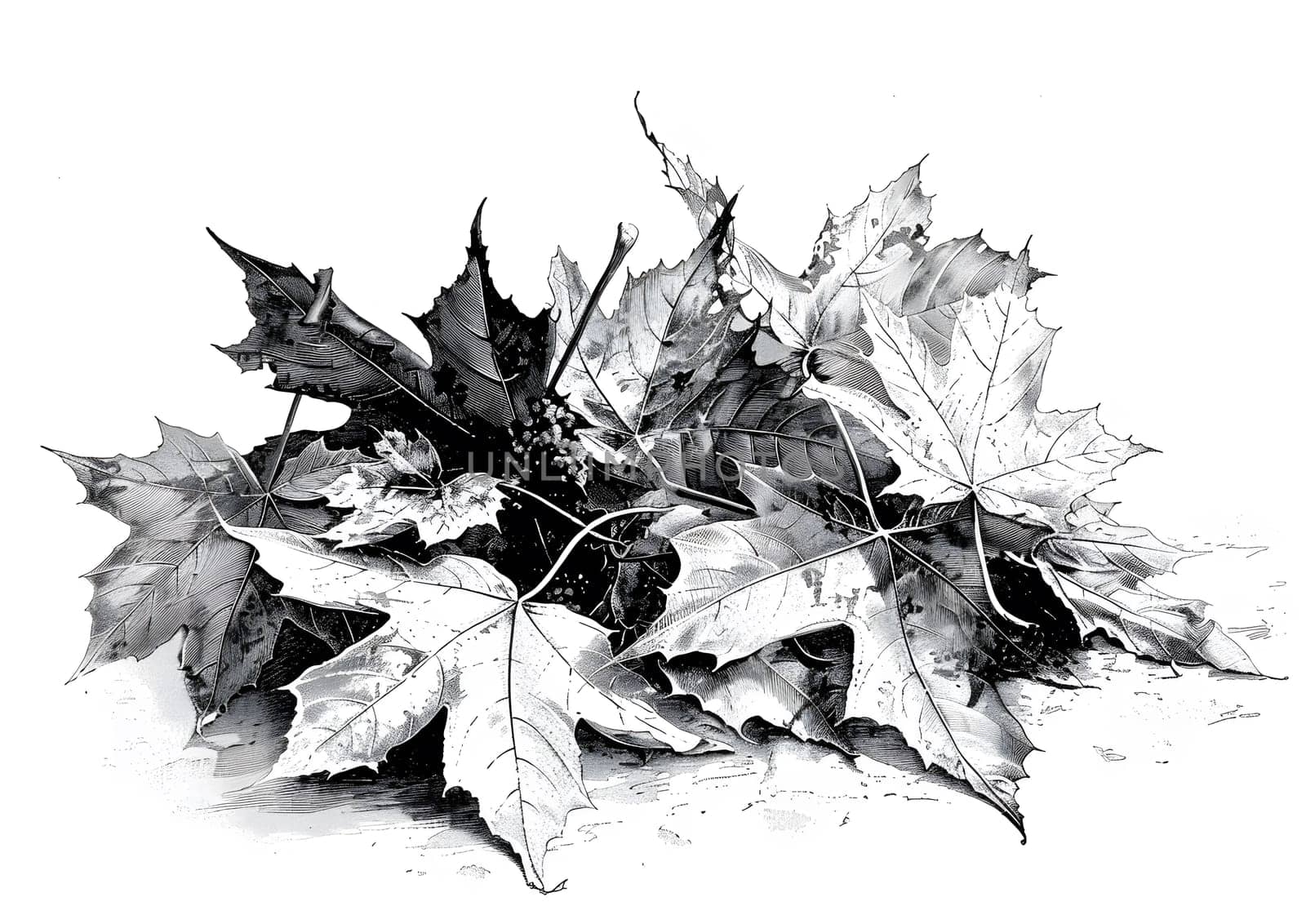 A close-up black and white drawing of autumn leaves