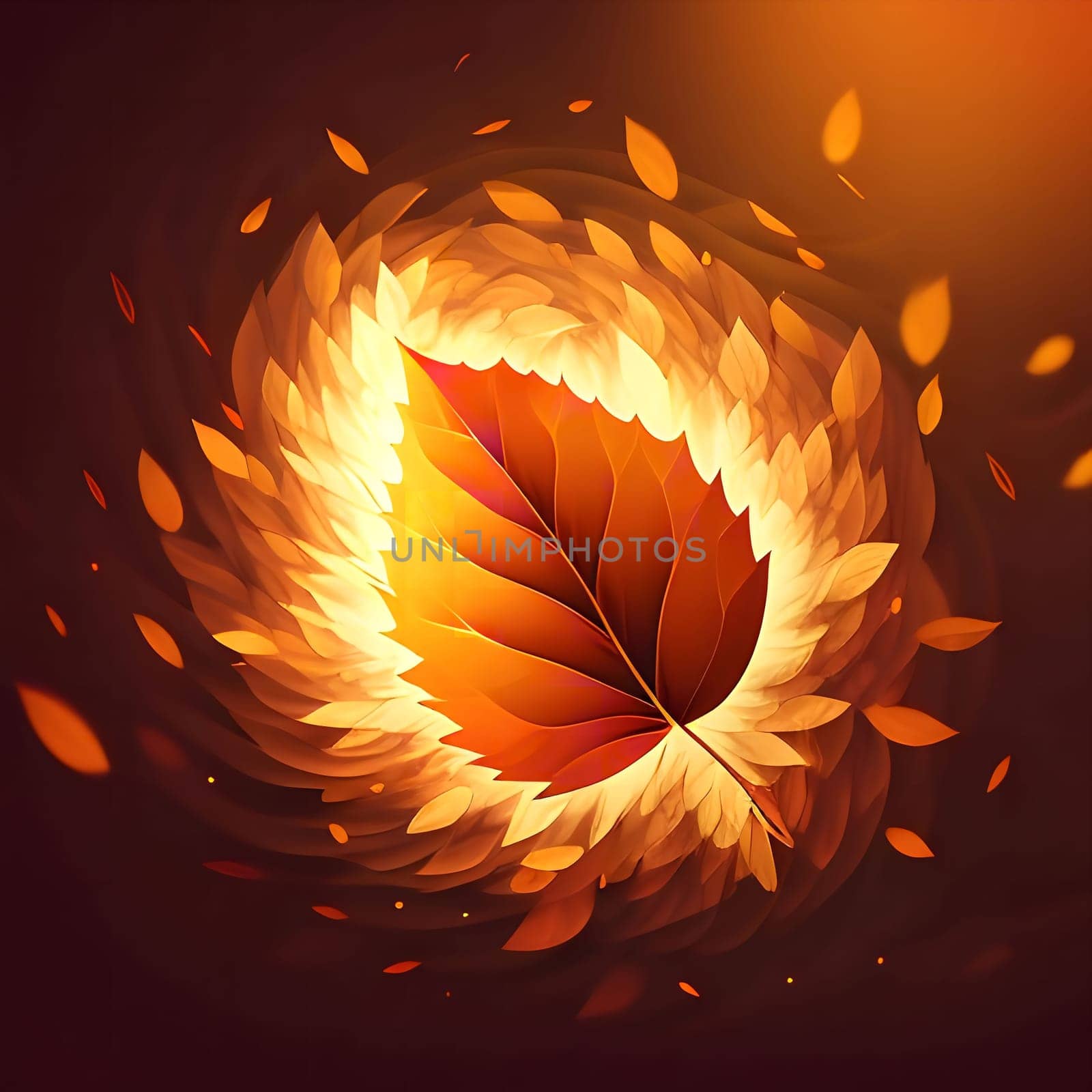 A single autumn leaf, bathed in warm light, is surrounded by swirling leaves of vibrant colors. The image captures the beauty and ephemeral nature of autumn.