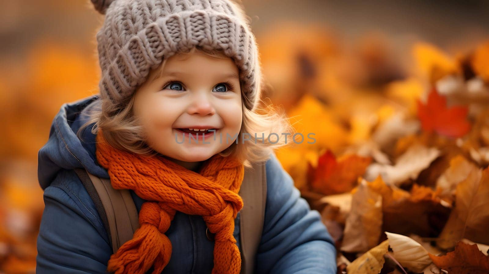 A little girl in a grey beanie and orange scarf is smiling as she sits in a bed of autumn leaves.