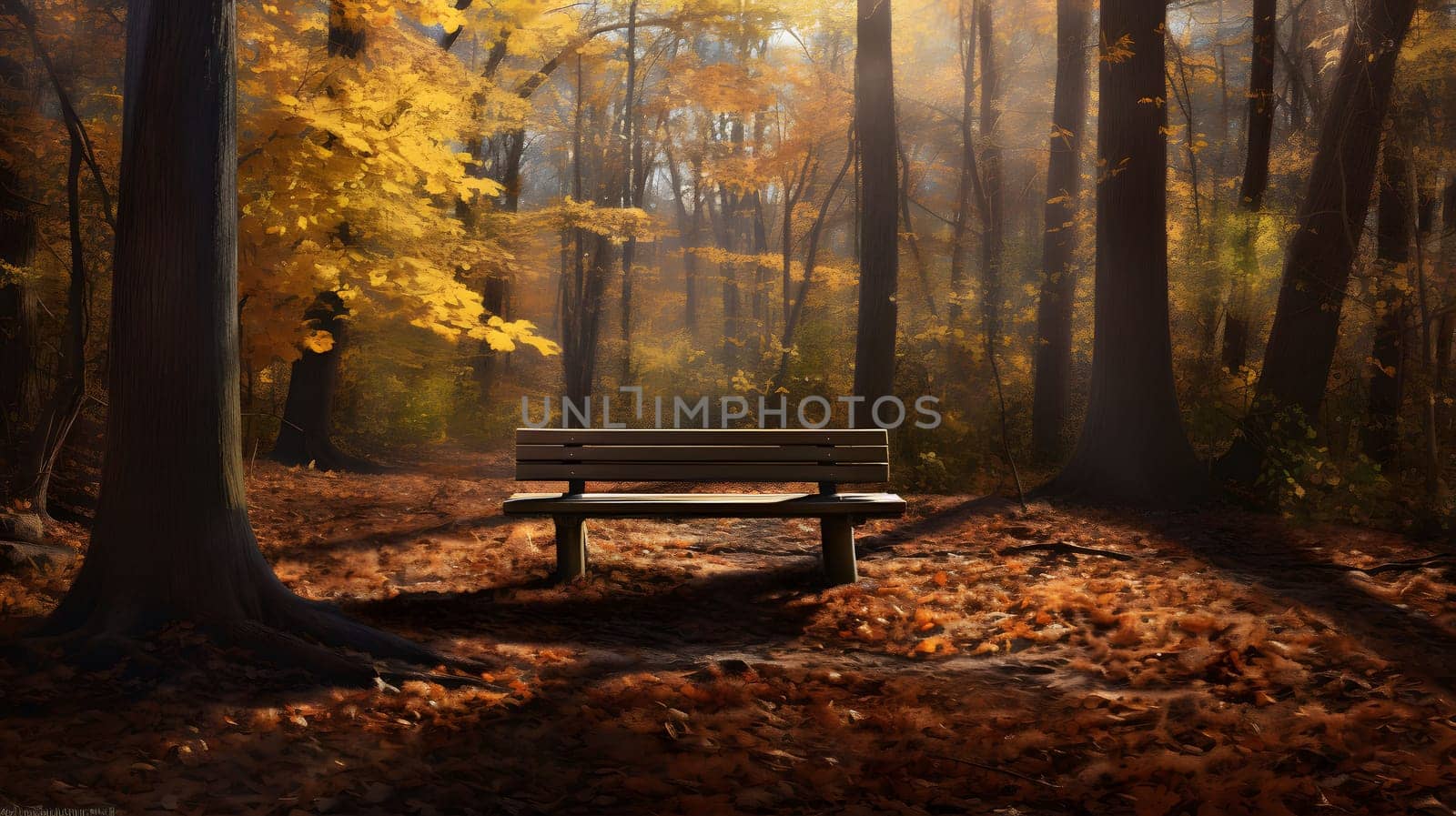 A lone bench sits in a quiet autumn forest, bathed in warm sunlight streaming through the trees. Golden leaves cover the ground, creating a serene and peaceful atmosphere.