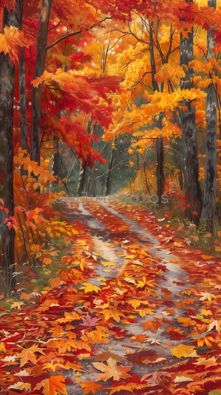 A picturesque path winds through a forest in autumn, showcasing vibrant red, orange, and yellow leaves. The trees stand tall, their branches laden with foliage, creating a sense of tranquility and wonder.