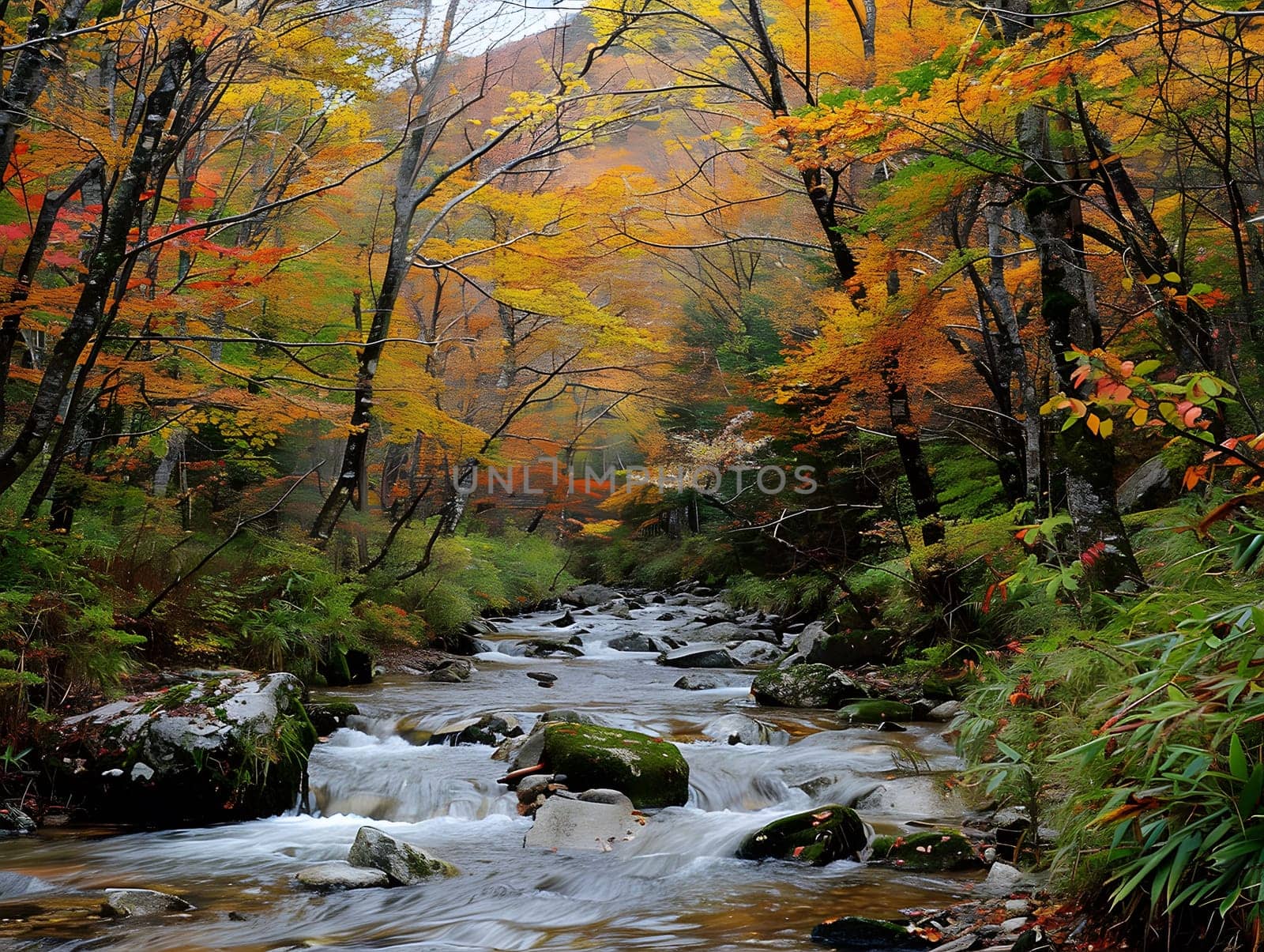 A stream flows through a forest in autumn, with vibrant foliage and a sense of peace.