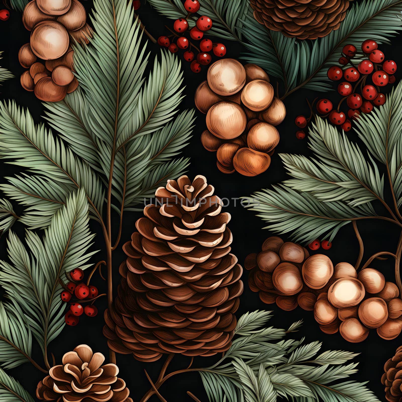 Illustration of christmas tree branches with pine cones, berries and foliage.