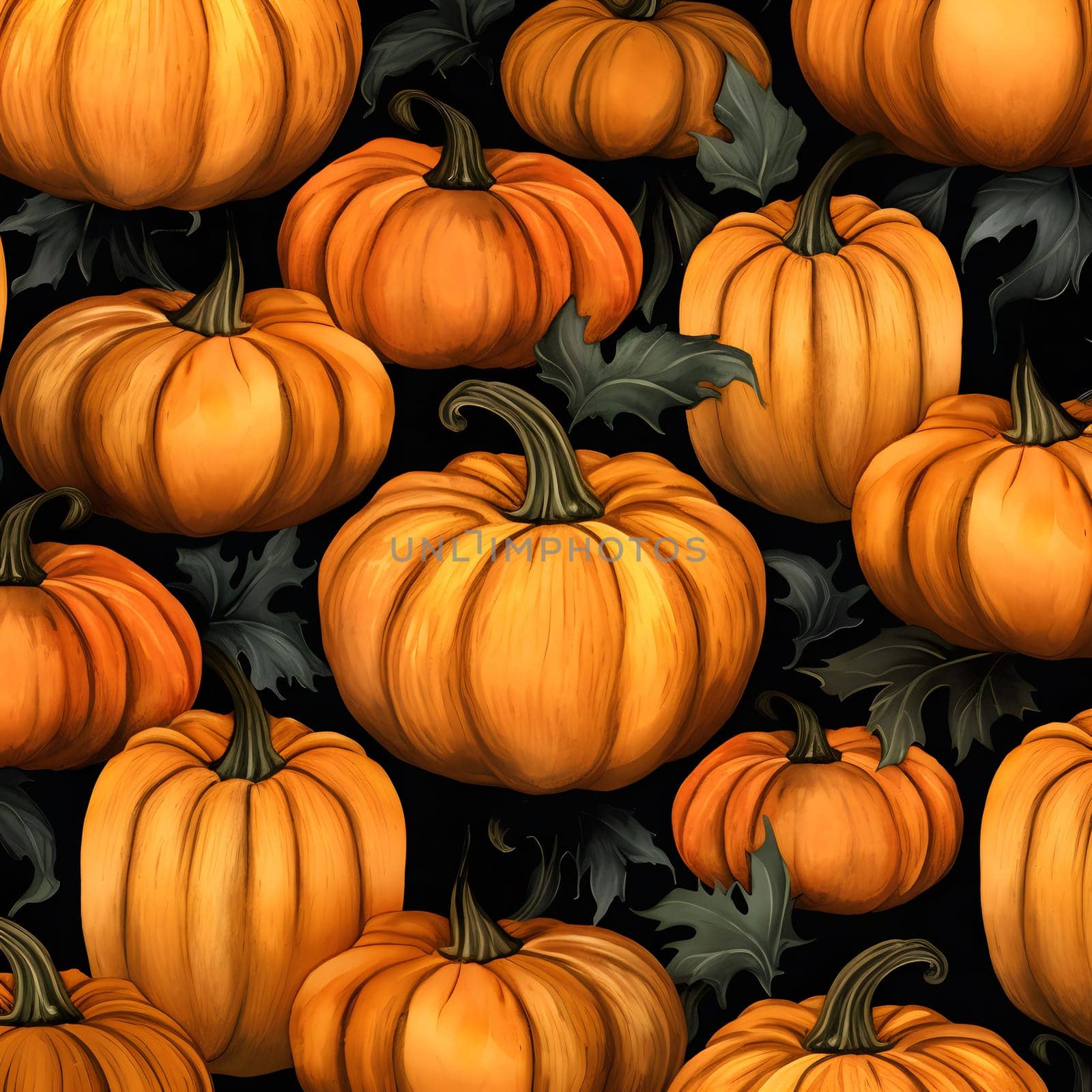 A close up shot of multiple orange pumpkins arranged in a pattern against a dark background, showcasing the beauty of autumn.