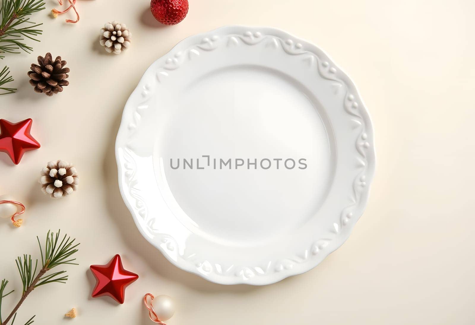 A simple white plate encircled by festive Christmas decorations, including ornaments, pine branches, and sparkling holiday lights, creating a classic and elegant holiday setting. Perfect for festive table designs and seasonal projects