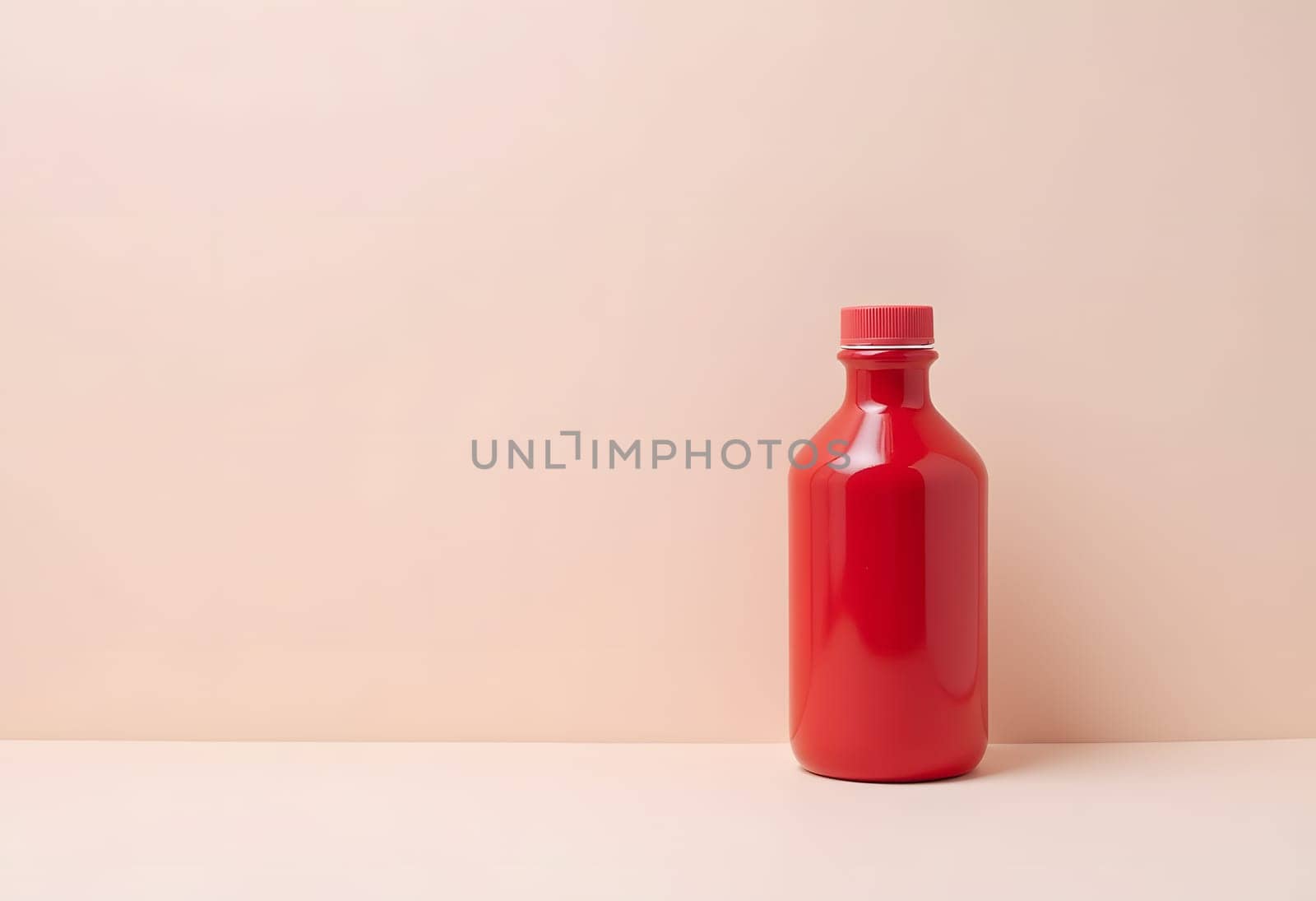 A sleek red minimalist bottle standing against a soft pink background. The clean lines and simple design of the bottle create a striking contrast with the pastel backdrop, resulting in a modern and elegant composition. This image is perfect for themes related to minimalism, product design, and contemporary aesthetics