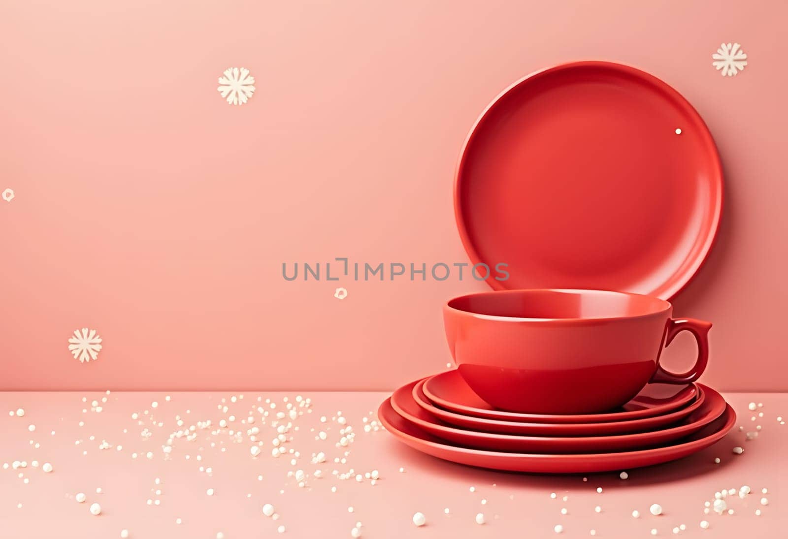 A vibrant red plate and a cup encircled by festive Christmas decorations, including ornaments, pine branches, and holiday lights, creating a cheerful and seasonal holiday display. Ideal for holiday-themed projects and table setting designs