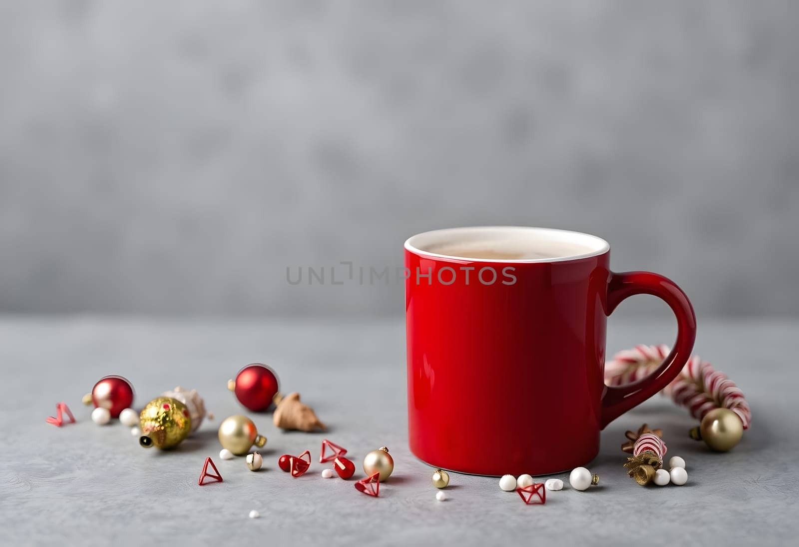 This charming red mug adorned with Christmas decorations adds a warm and festive touch to any holiday setting. The mug is placed against a subtle gray background, enhancing its vibrant color and festive spirit. Perfect for holiday-themed designs, this image captures the essence of Christmas cheer and can be used for a variety of seasonal projects, including greeting cards, social media posts, and more