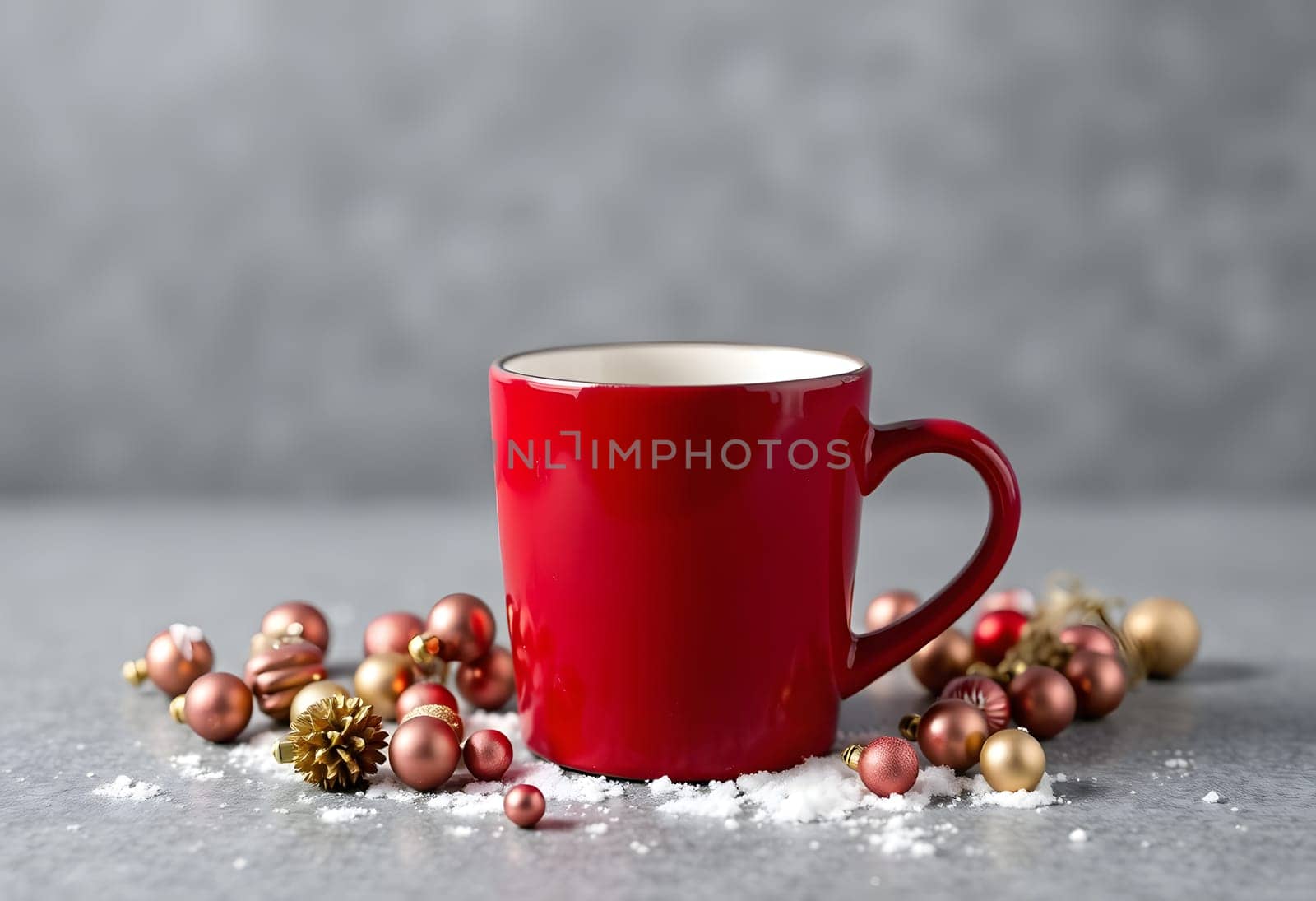 This charming red mug adorned with Christmas decorations adds a warm and festive touch to any holiday setting. The mug is placed against a subtle gray background, enhancing its vibrant color and festive spirit. Perfect for holiday-themed designs, this image captures the essence of Christmas cheer and can be used for a variety of seasonal projects, including greeting cards, social media posts, and more