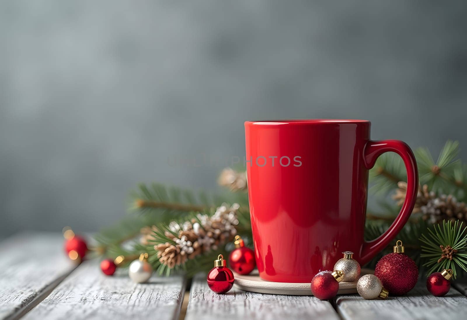 This charming red mug adorned with Christmas decorations adds a warm and festive touch to any holiday setting. The mug is placed against a subtle gray background, enhancing its vibrant color and festive spirit. Perfect for holiday-themed designs, this image captures the essence of Christmas cheer and can be used for a variety of seasonal projects, including greeting cards, social media posts, and more