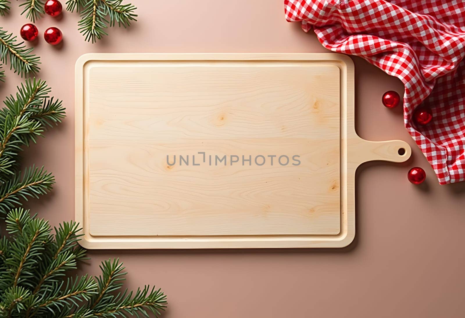 A rustic wooden board encircled by festive Christmas decorations, including ornaments, pine branches, and holiday lights, creating a cozy and festive atmosphere. Perfect for holiday-themed projects and seasonal designs