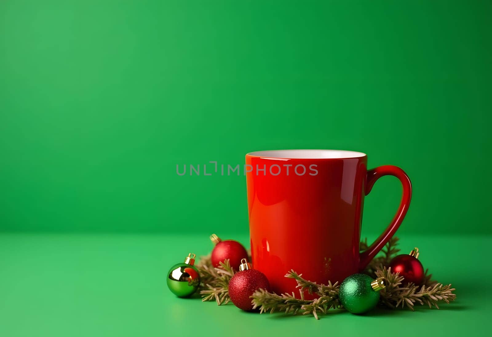 This charming red mug adorned with Christmas decorations adds a warm and festive touch to any holiday setting. The mug is placed against a subtle green background, enhancing its vibrant color and festive spirit. Perfect for holiday-themed designs, this image captures the essence of Christmas cheer and can be used for a variety of seasonal projects, including greeting cards, social media posts, and more