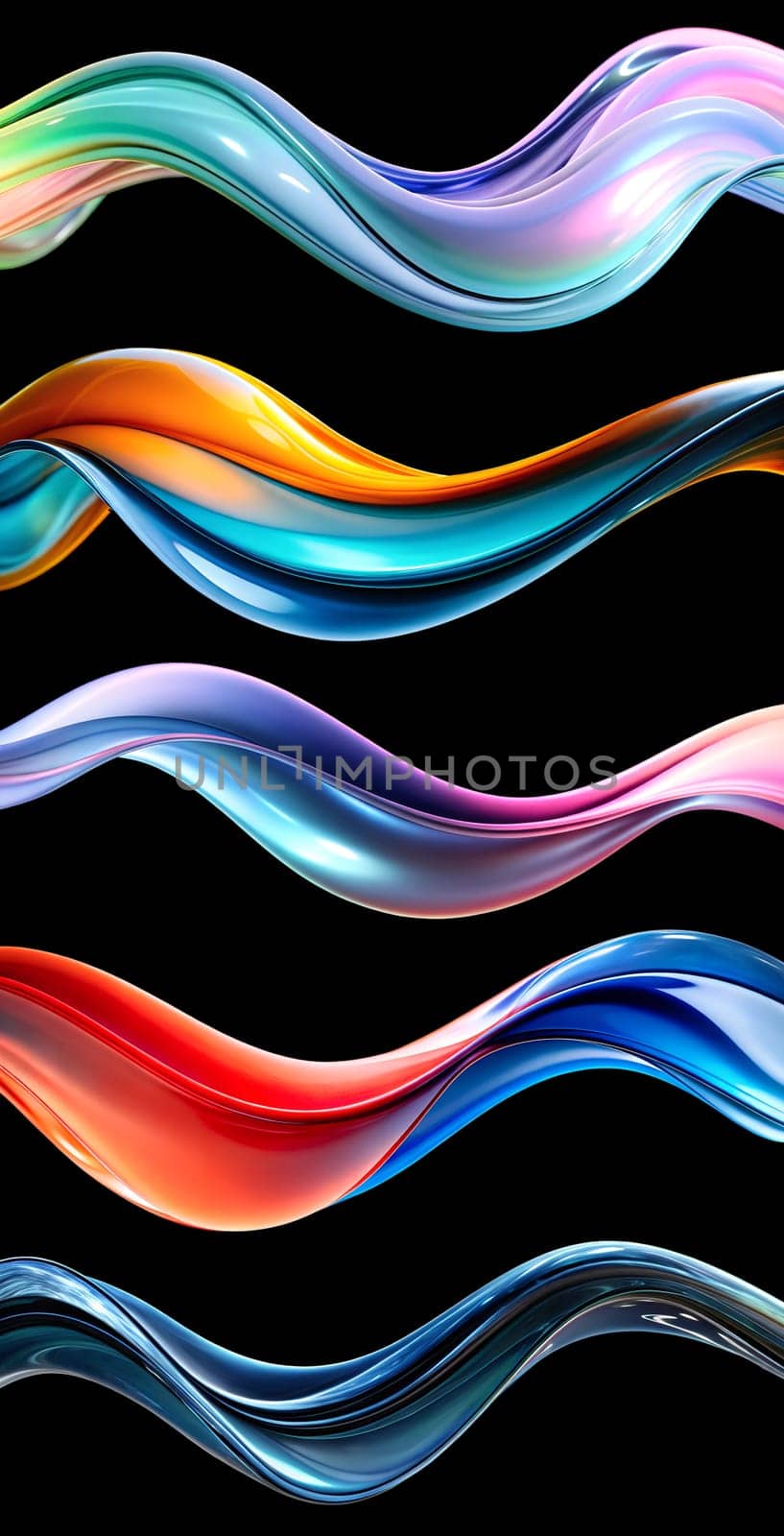 Vivid waves of color ripple across a black surface, showcasing a blend of smooth curves and fluidity, evoking a sense of motion and creativity.