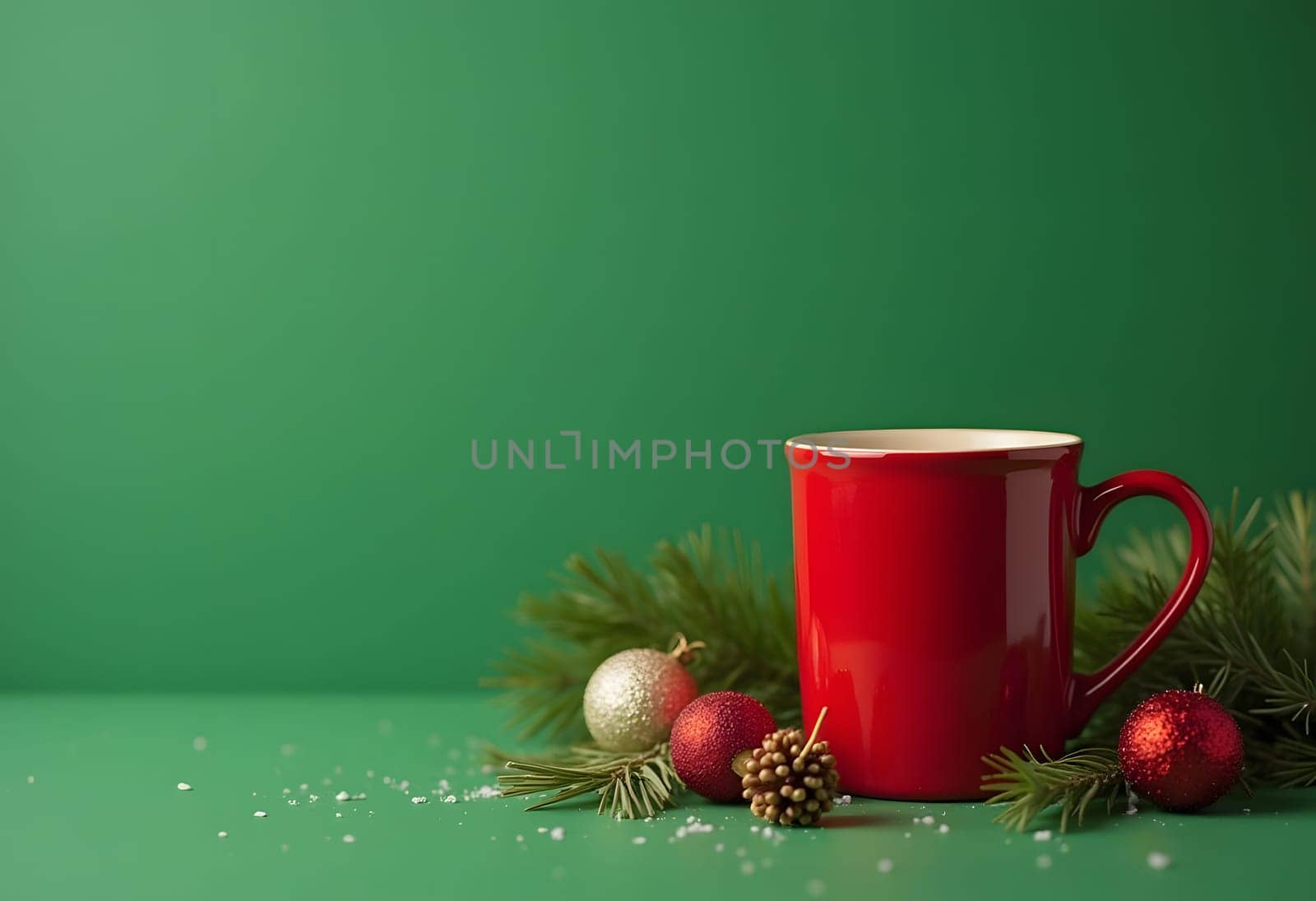 This charming red mug adorned with Christmas decorations adds a warm and festive touch to any holiday setting. The mug is placed against a subtle green background, enhancing its vibrant color and festive spirit. Perfect for holiday-themed designs, this image captures the essence of Christmas cheer and can be used for a variety of seasonal projects, including greeting cards, social media posts, and more