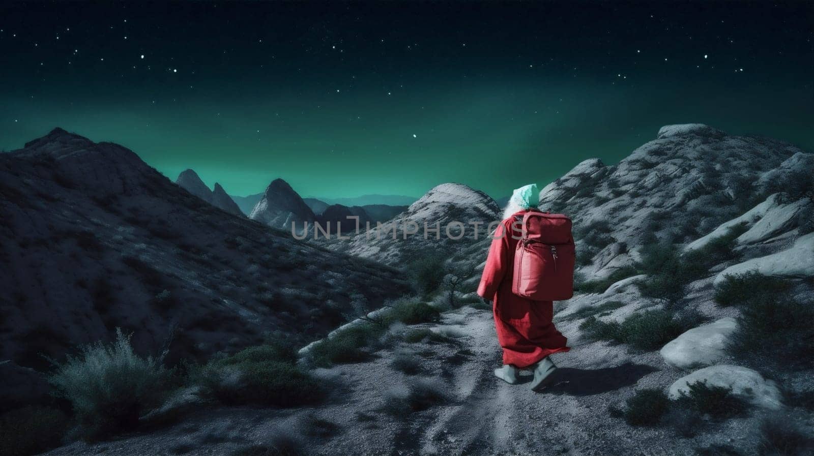 winter snow holiday mountain night santa christmas nature sky costume. Generative AI. by Vichizh