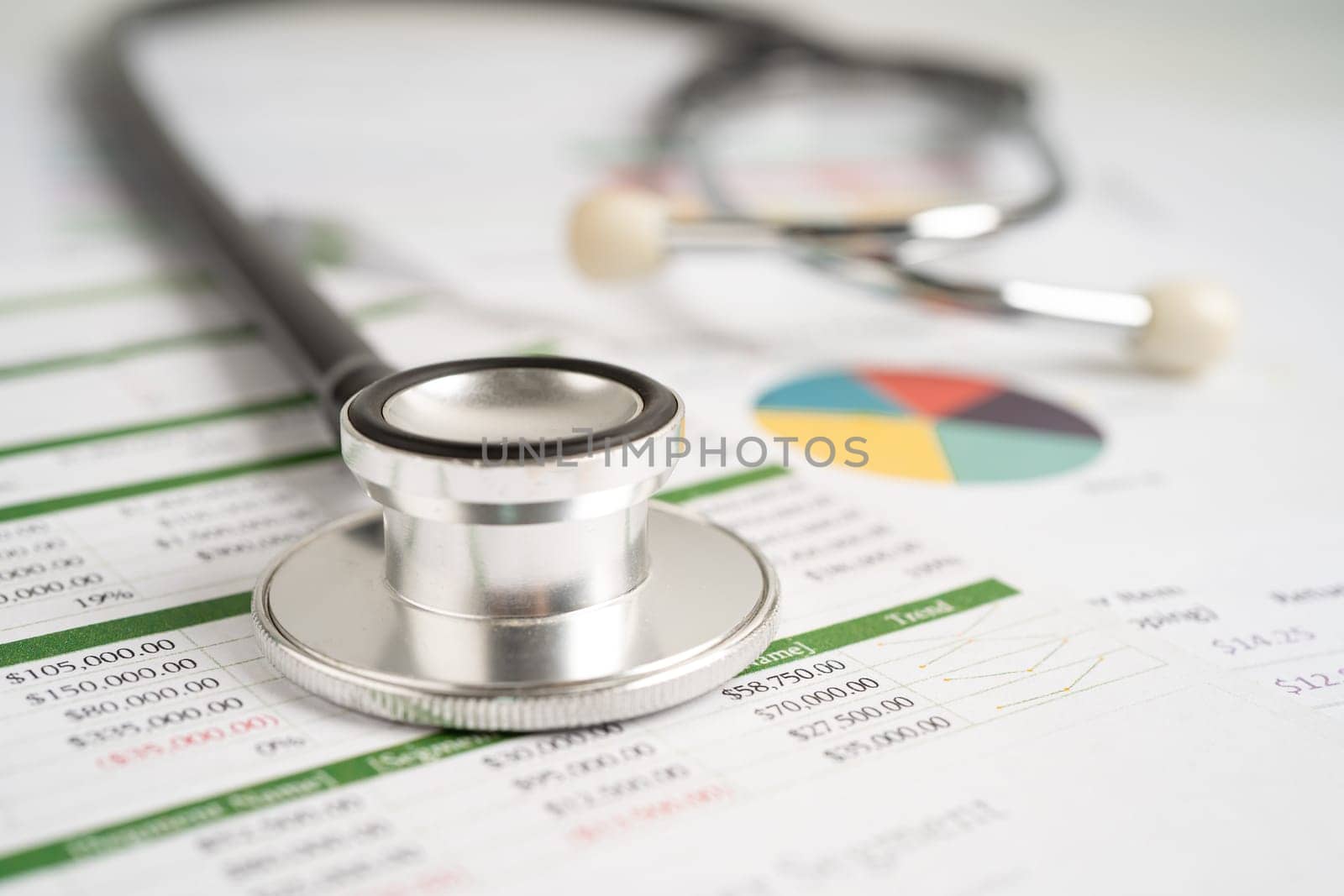 Stethoscope on spreadsheet and graph paper, Finance, Account, Statistics, Investment, Analytic research data economy and Business company concept.